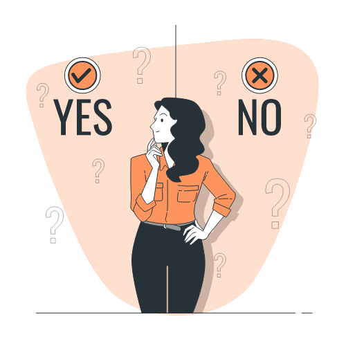 Woman deciding between yes and no, surrounded by question marks.